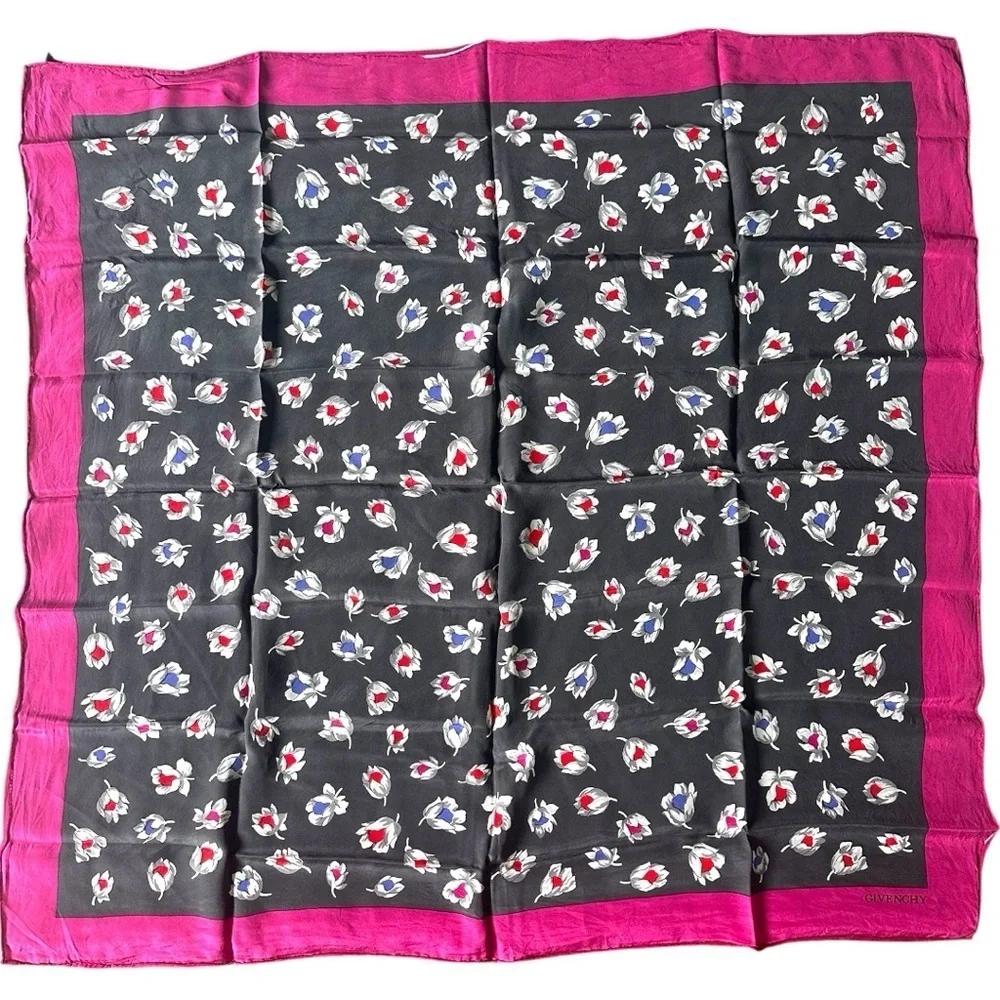 GIVENCHY 100% Silk Gorgeous Black Floral and Hot Pink Border 29” Scarf